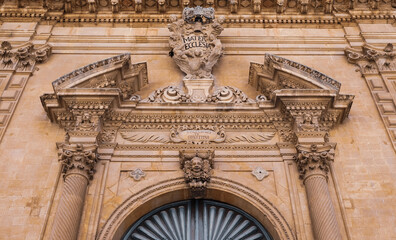 Modica, Sicily. Facade of Church of Saint Domenico. Upper sector detail of the main entrance.