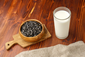 New types of vegetable milk, milk from seeds, from sunflower. Selective focus
