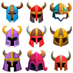 Fototapeta premium Set of helmets, fantasy medieval armor, game art, game asset