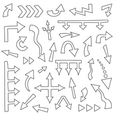 Big set of 32 hand drawn arrows different shape. Big and small doodle arrow marks, cursors for infographic, planning,  mind maps. Pointer sketch on white background