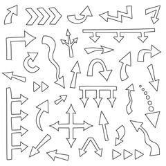 Big set of 32 hand drawn arrows different shape. Big and small doodle arrow marks, cursors for infographic, planning,  mind maps. Pointer sketch on white background