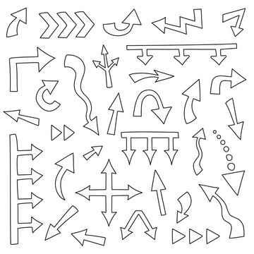 Big set of 32 hand drawn arrows different shape. Big and small doodle arrow marks, cursors for infographic, planning,  mind maps. Pointer sketch on white background