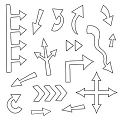 Collection of hand drawn arrows different shape. Big and small doodle arrow marks, cursors for infographic, planning,  mind maps. Pointer sketch on white background