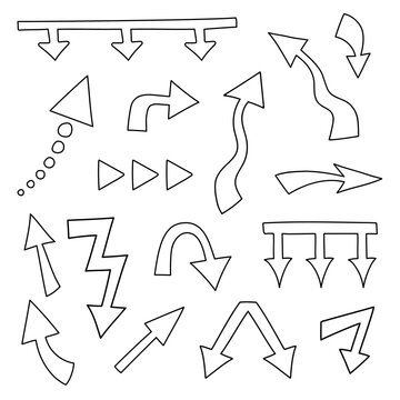 Collection of hand drawn arrows different shape. Big and small doodle arrow marks, cursors for infographic, planning,  mind maps. Pointer sketch on white background