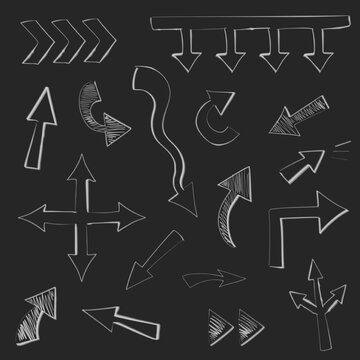 Collection of chalk hand drawn arrows different shape. Big and small doodle arrow marks, cursors for infographic, planning,  mind maps. Pointer sketch on black board