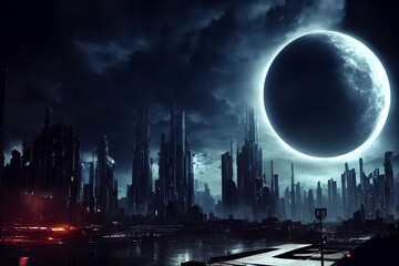 Fototapeta na wymiar Full moon over a futuristic city
