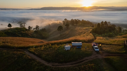 Aerial view camping on the mountain and fog landscape at Loei province Thailand