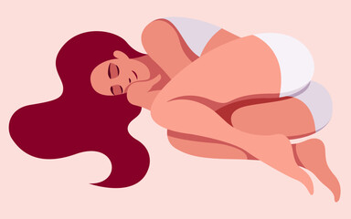vector image of a sleeping girl in lingerie curled up in a cozy pose with her hair flying around the bed. useful for advertising pillows, beds, sleep products, relaxation aids, insomnia medications