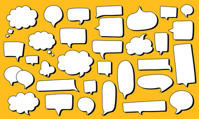 Obraz premium Big set of hand drawn speech bubbles different shape - round, rectangle, fluffy, etc. Big and small doodle chat clouds. Dialogue, discussion, message, thoughts comic sketch