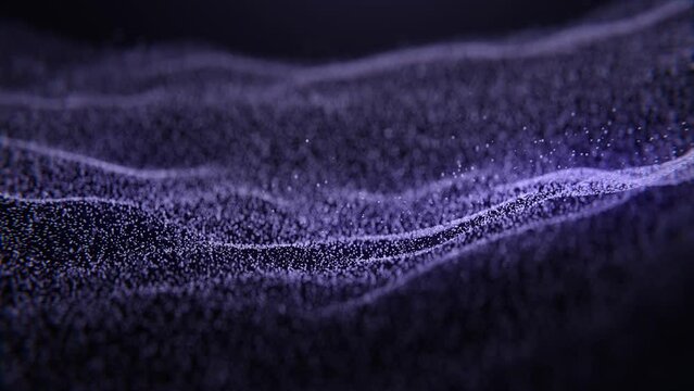 Flow purple colour particles flashing micro crystals violet molecules moving galaxy space, neon animation textured surface. 3D futuristic motion design hi-tech background display business presentation