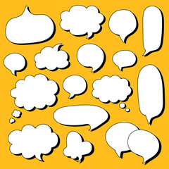 Fototapeta premium Collection of hand drawn speech bubbles different shape - round, oval, fluffy, etc. Big and small doodle chat clouds. Dialogue, discussion, message, thought, reply comic sketch on yellow background