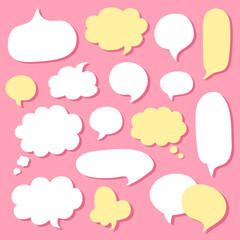 Big set of cute hand drawn flat speech bubbles different shape - round, oval, fluffy, etc. Big and small white and yellow chat clouds. Kawaii stickers with bubbles on pink background