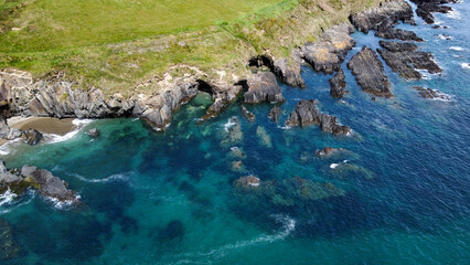 Rocky shores of the Celtic Sea along the route of the Wild Atlantic Way, top view. Seascape of the...