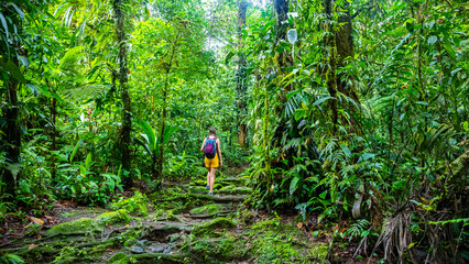 girl photographer walks through dense Costa Rican tropical rainforest; hiking through the jungle in...