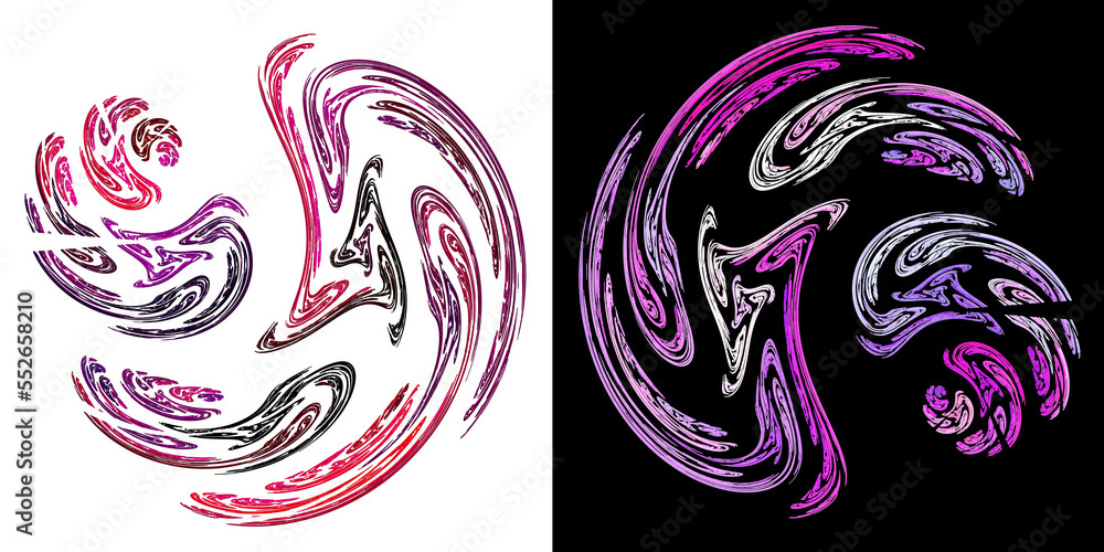 Poster wavy flowing magenta, red, black and white swirls create patterns on white and black backgrounds. se