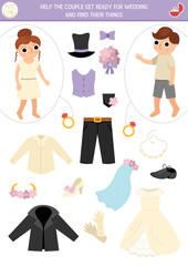 Marriage ceremony matching activity with cute bride, groom and their clothes. Match the objects game. Help the couple get ready for wedding and find their things. Match up printable worksheet.
