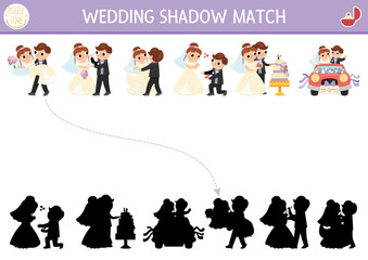 Wedding shadow matching activity with bride and groom. Marriage ceremony puzzle with cute just married couple. Find correct silhouette printable worksheet or game for kids.