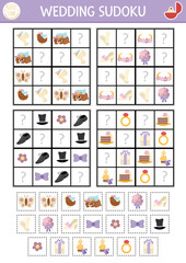 Vector wedding sudoku puzzle for kids with pictures. Simple marriage ceremony quiz with cut and glue elements. Education activity or coloring page with bride, cake, present, ring. Draw missing objects