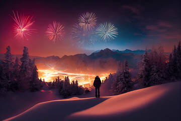 An unrecognizable person stands in front of a beautiful snowy alpine mountain landscape and enjoys the view at a pretty fireworks during silvester night. Content is created with generative ai