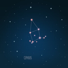 Constellation Cepheus scheme in starry sky. Open space. Vector illustration  Cepheus constellation  through a telescope.  © iryna