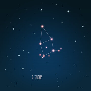 Constellation Cepheus scheme in starry sky. Open space. Vector illustration  Cepheus constellation  through a telescope. 