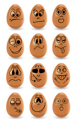 Cute Easter eggs with grimaces set vector. Happy and sad Easter eggs with emotions. Realistic brown eggs.