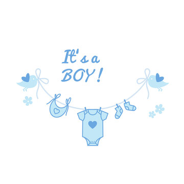 new baby boy, white cloud with a clothesline and cute blue birds, family concept, illustration over a transparent background, PNG image 