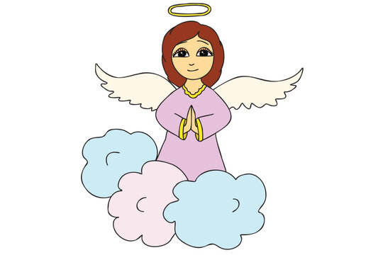 The picture shows an angel girl praying, clouds under her feet, it is intended for birthday, new year, cards, clothes and fabric printing and you can use it in different occasions.
