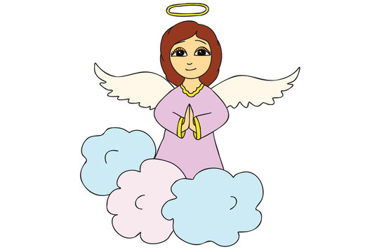 The picture shows an angel girl praying, clouds under her feet, it is intended for birthday, new year, cards, clothes and fabric printing and you can use it in different occasions.