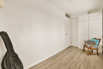 a living room with white walls and wood flooring, an electric heater and a guitar stand in the...