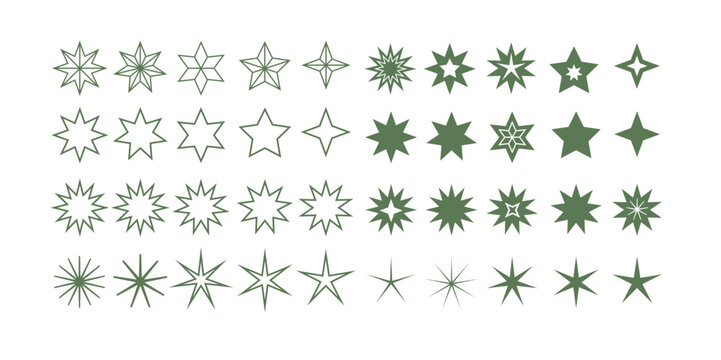 Weihnachtliche Dekoration - Set mit vierzig verschiedenen Sternen - grün auf weißem Hintergrund - Vektor Illustration