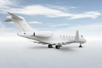 Modern white executive airplane isolated on bright background with sky