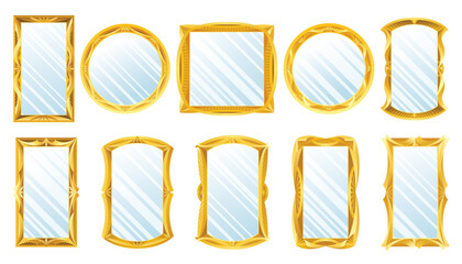 Gold mirror set. Decorative vintage wall mirrors, old fashion decor mirrored frames. Reflective mirror surface in golden frame. Fashioned square and round ornate interior objects, vector illustration