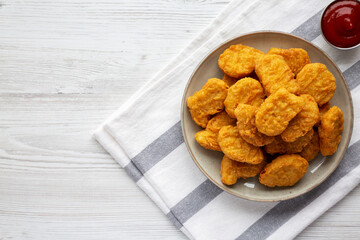 Homemade Chicken Nuggets with Ketchup, top view. Flat lay, overhead, from above. Copy space.