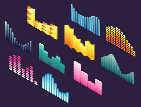 Isometric wave charts. Colorful infographic design. Design elements for business presentation, statistics of data or landing page. Analysis and ui designs vector illustrations