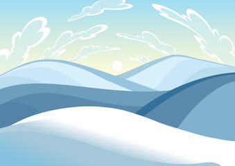 Winter landscape, mountains peaks, hills, clouds on sky background. Vector drawing of snow-covered field. Blue mountains winter snowy landscape