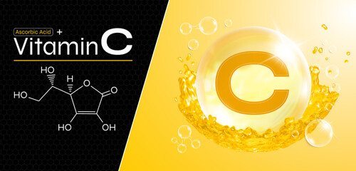 Vitamin C water drop. Yellow drops with water splash. Ascorbic acid complex with natural chemical formula. Beauty care design. Medical and scientific concept