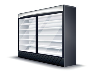 Commercial fridge. Realistic empty refrigerator. Supermarket commercial freezer equipment. Freeze appliances for drinks and food