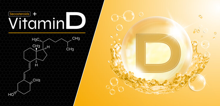 Vitamin D water drop. Yellow drops with water splash. Secosteroids complex with natural chemical formula. Beauty care design. Medical and scientific concept