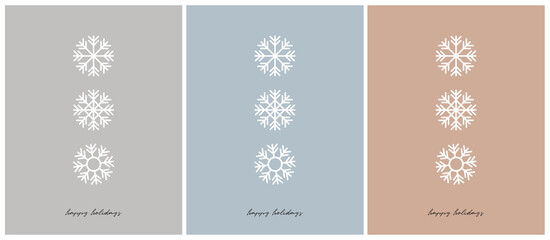 Naklejka na ściany i meble Winter Holidays Vector Card. White Snoflakes Isolated on a Light Gray, Pastel Blue and Blush Beige Background. Christmas Illustration in 3 Different Colors. Print with Simple Snowflakes and Wishes.