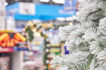 blurred festive background in the new year store.