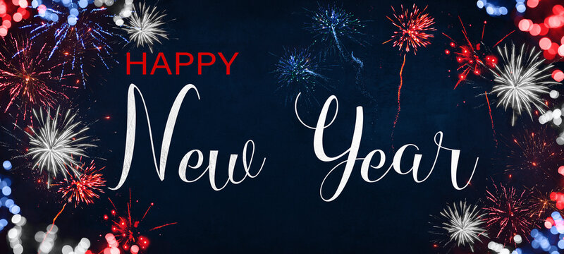 HAPPY NEW YEAR celebration holiday background banner greeting card USA America United States - Blue red white firework on dark night sky