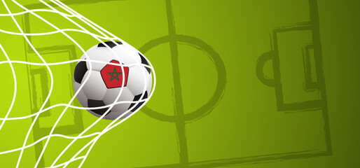Football with the flag of Morocco on green soccer grass field. Vector background banner. Sport finale or school, sports game cup. Summer, spring time, Street ball games. wk, ek competition 2022, 2023