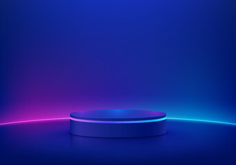 Abstract dark blue cylinder pedestal podium. Sci-fi abstract room concept with glowing neon curve lighting line. Vector rendering 3d background, Mockup product display. Futuristic minimal wall scene.