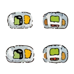 Vector Sushi and rolls, gunkan, temaki and inari, ikura. Different types of sushi isolated on white background