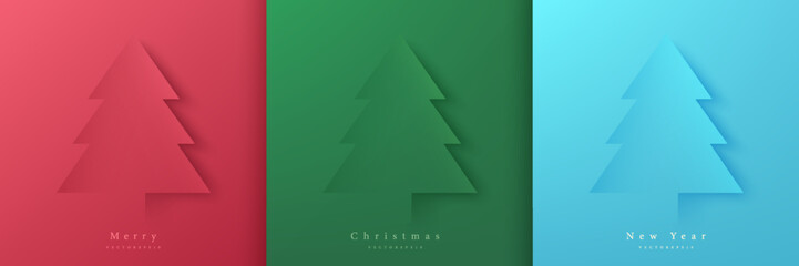 Set of merry christmas tree on red, green and light blue in paper cut background. Elements of new year day festival. Top view scene for product display. Simple flat design. Vector EPS10.