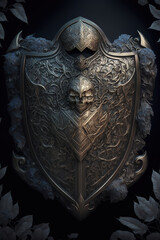 dark fantasy, slayer, shield and sword, medieval, armor, art illustration