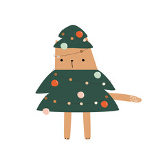 Funny Christmas cat tree. Holiday childish graphic. Vector hand drawn illustration.