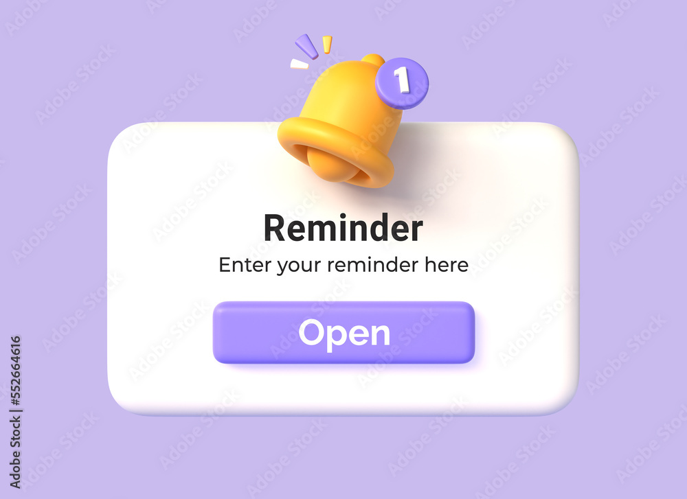 Fototapete 3d notification box with yellow bell and open button in cartoon style. concept of reminder or busine