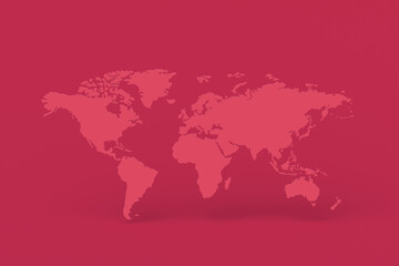 World map of magenta on red background. Color of the year 2023. 3d render